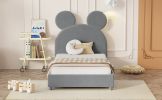 Twin Size Upholstered Platform Bed with Bear Ear Shaped Headboard, Gray