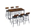 Pub High Dining Table 7 Piece Set, Industrial Style Pub Table, 6 PU Leather Bar Chairs for Kitchen Breakfast Table, Living Room, Bar, Rustic Brown, 47