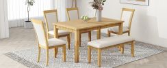 TOPMAX Rustic Solid Wood 6-piece Dining Table Set, PU Leather Upholstered Chairs and Bench, Natural Wood Wash