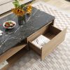 47 Inch Modern Farmhouse Double Drawer Coffee Table for Living Room or Office , Tobacco Wood and Marble Texture