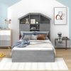 Twin Size Wood Platform Bed with House-shaped Storage Headboard and 2 Drawers, Gray