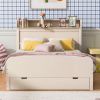 Full Size Platform Bed with Storage Headboard and a Big Drawer, Cream