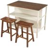 Solid Wood Rustic 3-piece 45" Stationary Kitchen Island Set with 2 Seatings, Rubber Wood Butcher Block Dining Table Set Prep Table Set with 2 Open She