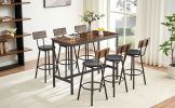 Pub High Dining Table 7 Piece Set, Industrial Style Pub Table, 6 PU Leather Bar Chairs for Kitchen Breakfast Table, Living Room, Bar, Rustic Brown, 47