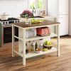 TOPMAX Solid Wood Rustic 3-piece 45" Stationary Kitchen Island Set with 2 Seatings, Rubber Wood Butcher Block Dining Table Set Prep Table Set with 2 O