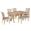 TREXM 6-Piece Retro 59"L Rectangular Dining Table Set, Table with Unique Legs and 4 Upholstered Chairs & 1 Bench for Dining Room and Kitchen (Natural