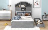 Twin Size Wood Platform Bed with House-shaped Storage Headboard and 2 Drawers, Gray