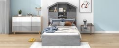 Twin Size Wood Platform Bed with House-shaped Storage Headboard and 2 Drawers, Gray