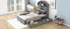 Twin Size Wood Platform Bed with House-shaped Storage Headboard and 2 Drawers, Gray