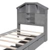 Twin Size Wood Platform Bed with House-shaped Storage Headboard and 2 Drawers, Gray