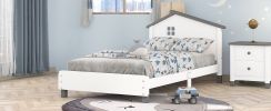 Twin Size Wood Platform Bed with House-shaped Headboard (White+Gray)