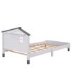 Twin Size Wood Platform Bed with House-shaped Headboard (White+Gray)