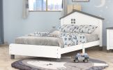 Twin Size Wood Platform Bed with House-shaped Headboard (White+Gray)