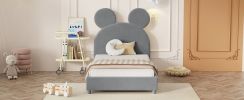 Twin Size Upholstered Platform Bed with Bear Ear Shaped Headboard, Gray