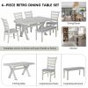 TREXM 6-Piece Retro 59"L Rectangular Dining Table Set, Table with Unique Legs and 4 Upholstered Chairs & 1 Bench for Dining Room and Kitchen (White)