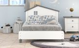 Twin Size Wood Platform Bed with House-shaped Headboard (White+Gray)