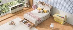 Full Size Platform Bed with Storage Headboard and a Big Drawer, Cream