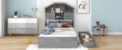 Twin Size Wood Platform Bed with House-shaped Storage Headboard and 2 Drawers, Gray