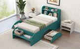 Wood Twin Size Platform Bed with 2 Drawers, Storage Headboard and Footboard, Dark Green