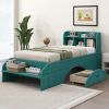 Wood Twin Size Platform Bed with 2 Drawers, Storage Headboard and Footboard, Dark Green