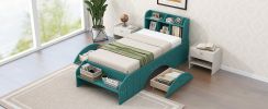 Wood Twin Size Platform Bed with 2 Drawers, Storage Headboard and Footboard, Dark Green