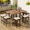 10-Piece Outdoor Acacia Wood Bar Height Table And Eight Stools With Cushions, Garden PE Rattan Wicker Dining Table, Foldable Tabletop, High-Dining Bis