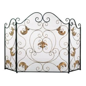 Elegant Gold Fleur-de-Lis Fireplace Screen - Decorative Fire Safety Barrier