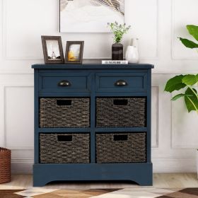 Rustic Acacia Wood Storage Cabinet with Two Drawers and Four Classic Rattan Baskets for Dining Room, Entryway, or Living Room (Color: Antique Navy)