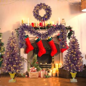 Pre-lit Christmas Artificial Tree 4-Piece Set, Garland, Wreath and Set of 2 Entrance Trees, X-mas with LED Lights, PVC Festival Celebration Set (Color: Purple, Material: PVC)