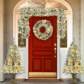 Pre-lit Xmas Tree Artificial Christmas 4-Piece Set,Garland, Wreath and Set of 2 Entrance Trees X-mas (Color: Retro White, Material: Vinyl)