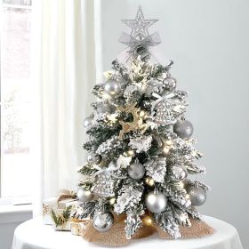 22in Mini Christmas Tree with Lights, Rose Gold Artificial Small Tabletop Christmas Tree with Flocked Snow (Color: Silver)